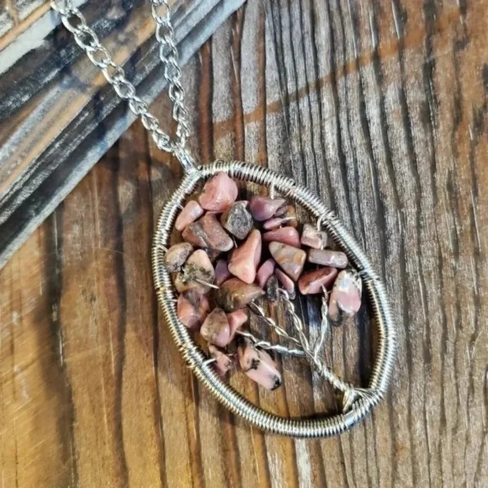 Tree of Life Gemstone Necklace Rhodonite